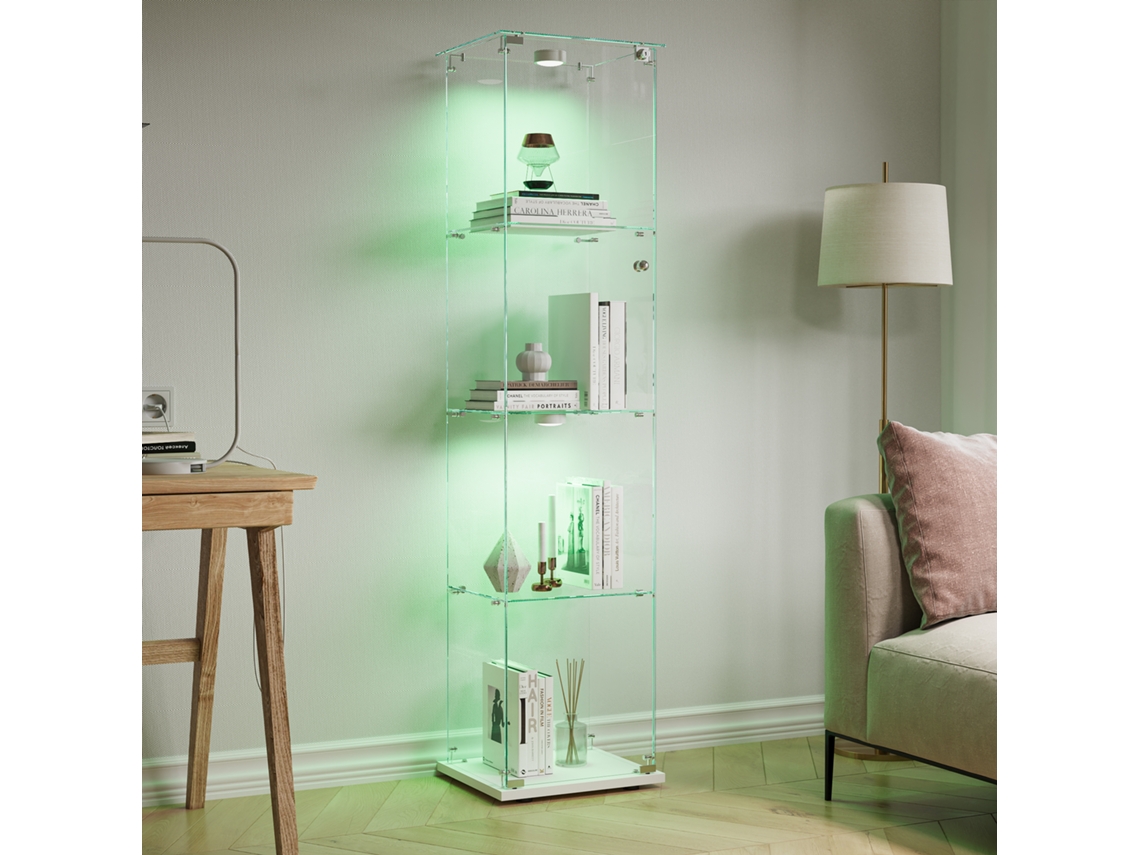 Vitrina de 4 niveles con iluminación LED táctil, cristal templado, estantes blancos, diseño moderno y compacto, color blanco.