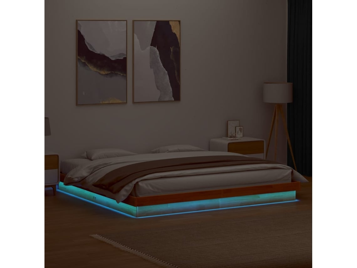 Estructura De Cama Led Madera Maciza Pino Marrón Cera 120x200cm