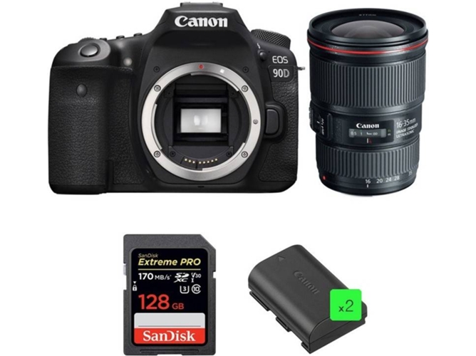Kit Cámara Réflex CANON EOS 90D + EF 16-35mm f/4L IS USM + SanDisk 128GB + 2 LP-E6N