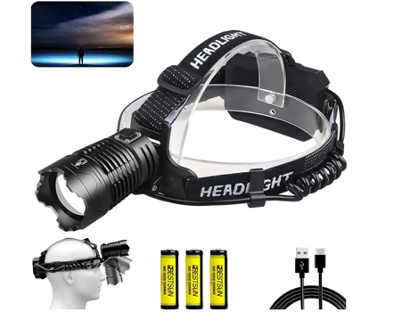Linterna frontal LED XHP 360 recargable, linterna frontal LED de alta potencia súper brillante 200.000 lúmenes 4 modos, linterna frontal LED resist...