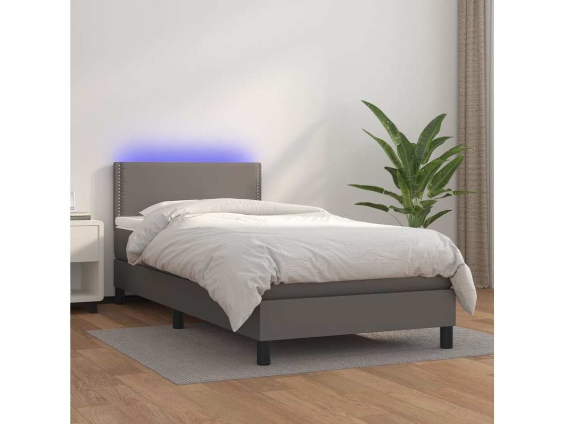 Cama Box Spring Y Colchón Led Cuero Sintético Gris 80x200 Cm