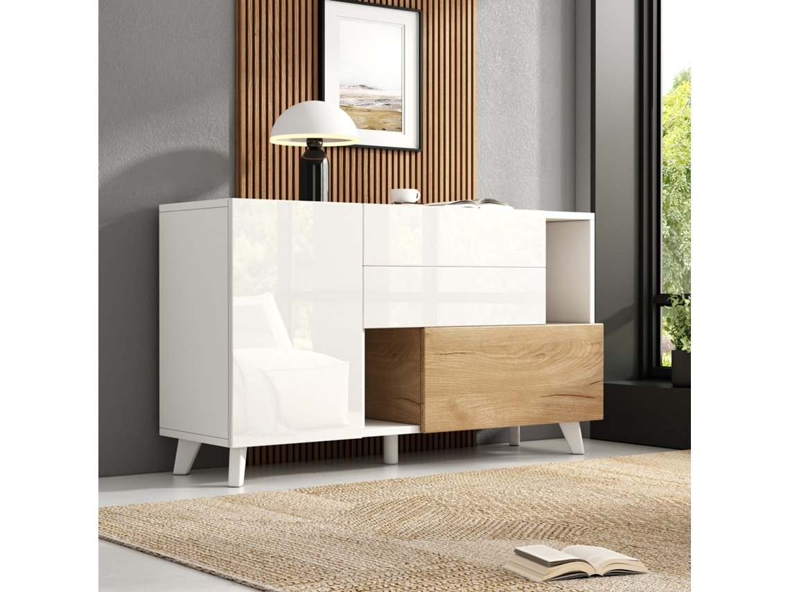 Aparador Escandinavo De Madera Blanca Con 2 Cajones Y Puerta Corredera.