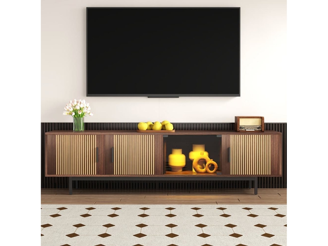 Mueble Tv Lowboard - Textura Tallada, Led Y Puerta De Vidrio Templado - Negro, Nogal