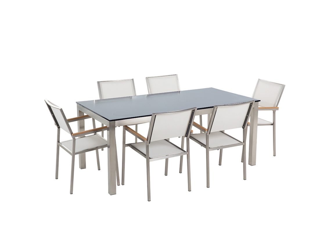Conjunto de jardín mesa en vidrio negro 180 cm, 6 sillas blancas BELIANI Grosseto