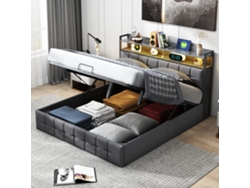 Cama De Matrimonio 160x200 Cm Con Almacenamiento Gaslift Y Led Rgb, Cama Moderna De Lino Gris Y Pu Con Carga Usb, Cama Doble Con Cabecera Acolchada