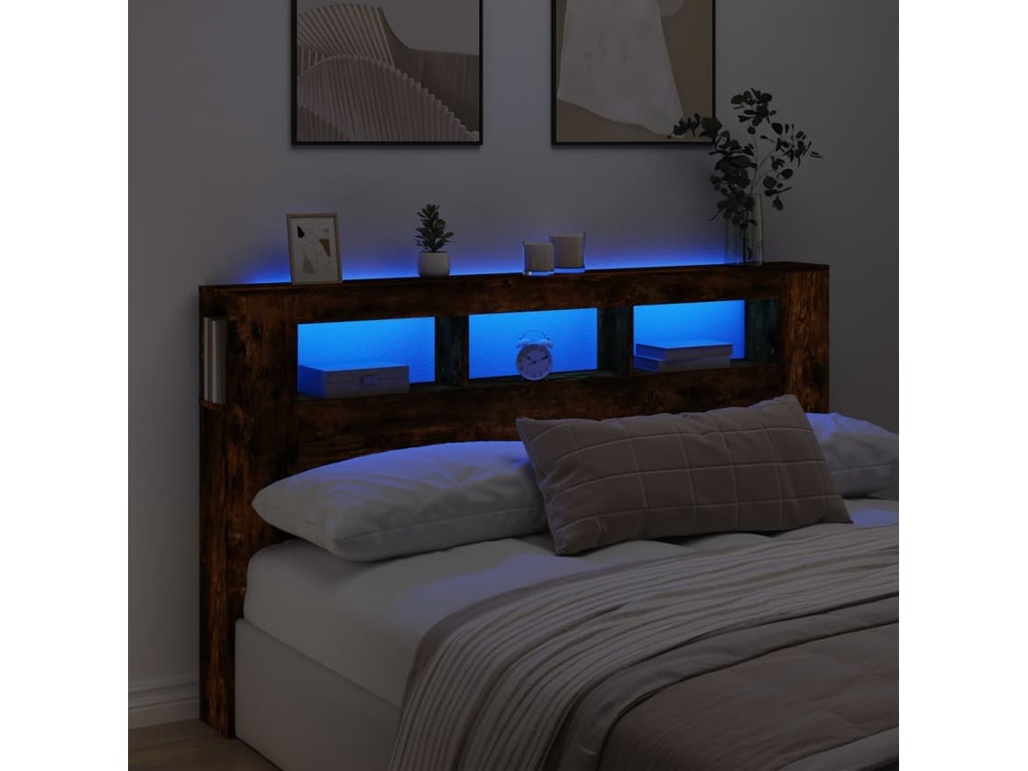 Cabecero Led Madera Ingeniería Roble Ahumado 180x18,5x103,5 Cm