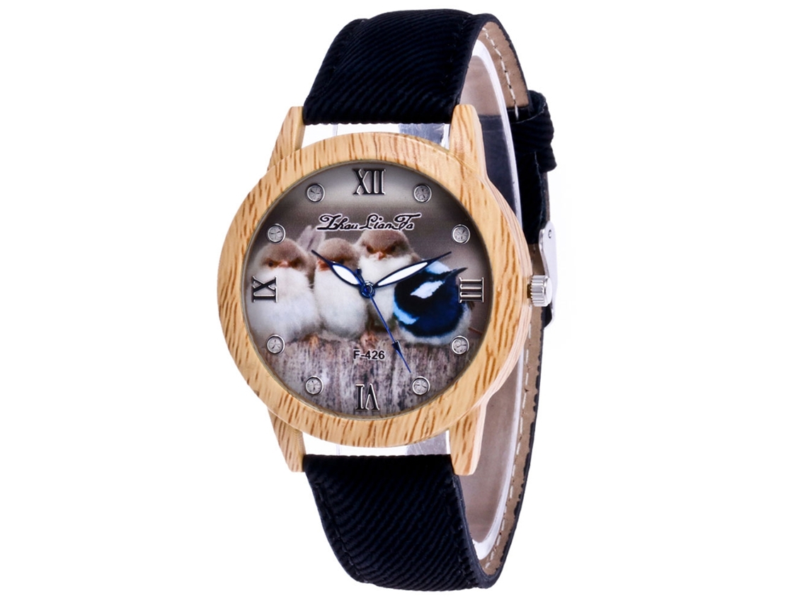 Reloj De Cuarzo Con Correa De Tela Vaquera Y Caja Con Estampado De Pájaros Con Textura De Madera.