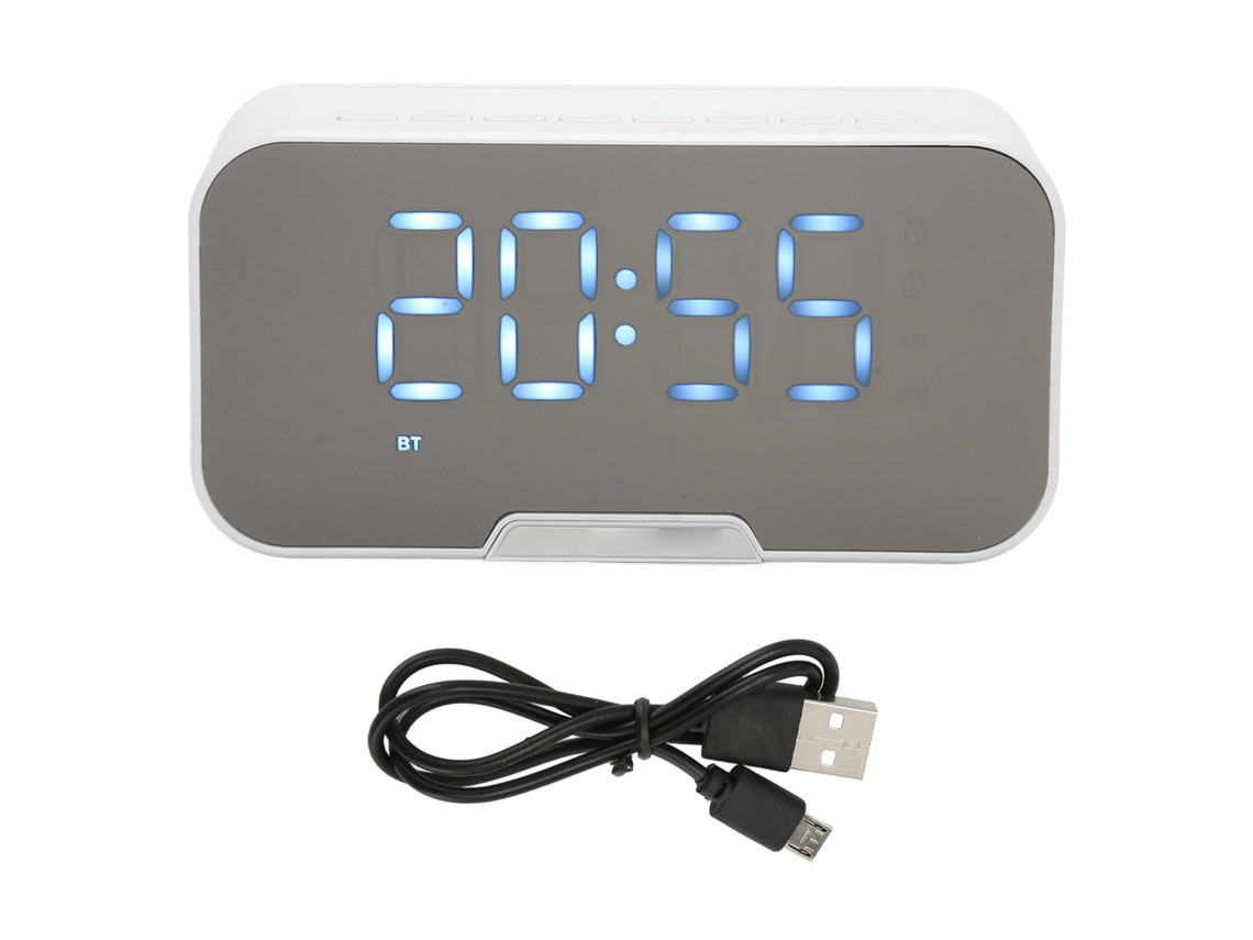 Altavoz Bluetooth Con Reloj Despertador Digital, Indicador De Temperatura, Radio Fm Y Espejo Blanco.