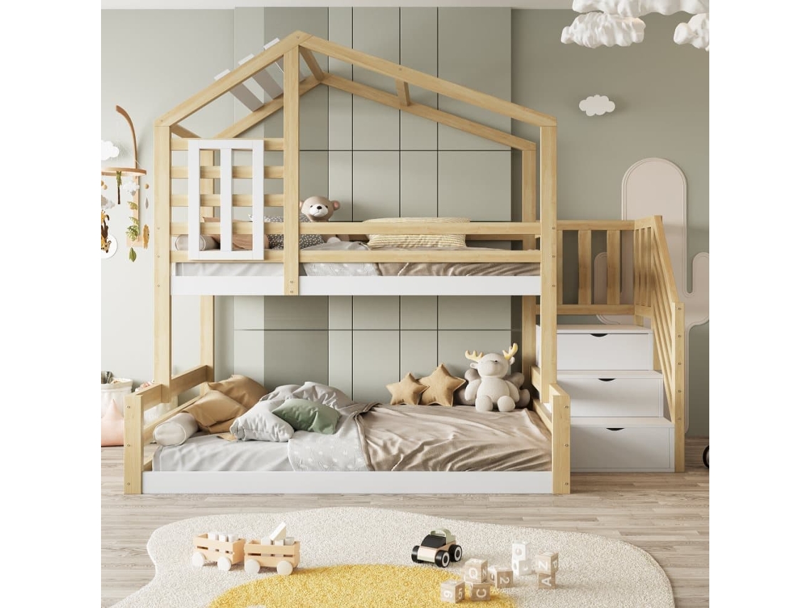 Cama Superpuesta 90x200cm + 140x200cm Madera Maciza - Con Barreras Y Escalera Almacenaje - Blanco Y Natural