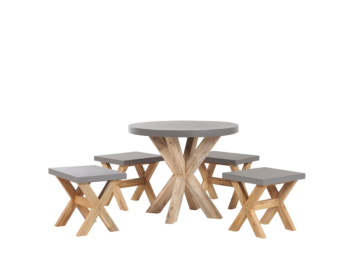 Conjunto de jardín de cemento reforzado mesa ⌀ 90 cm 4 taburetes gris/madera clara BELIANI Olbia