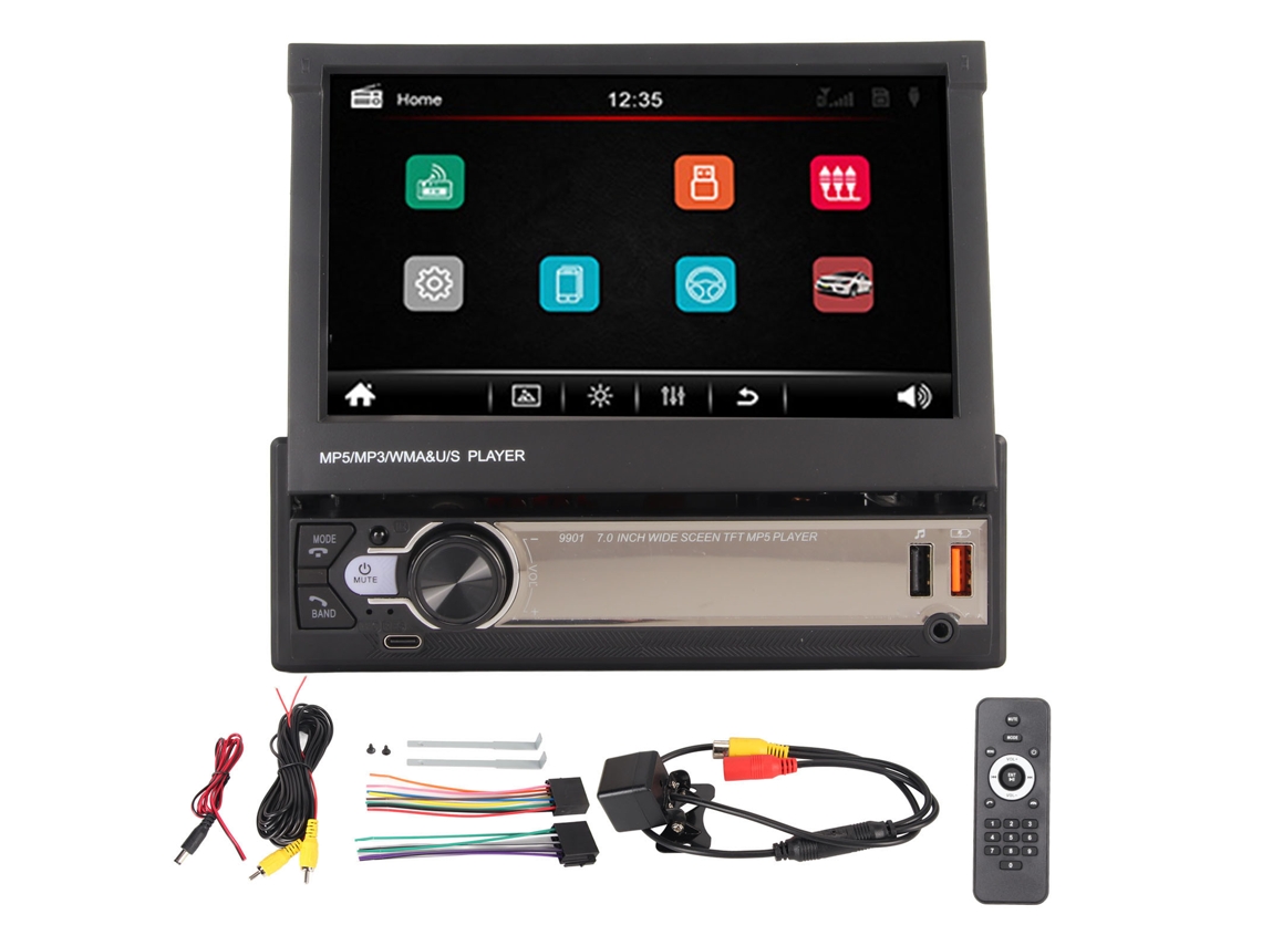 Reproductor MP5 para coche de 7 pulgadas con pantalla HD retráctil, cámara de visión trasera, 12 luces LED y CarPlay inalámbrico.