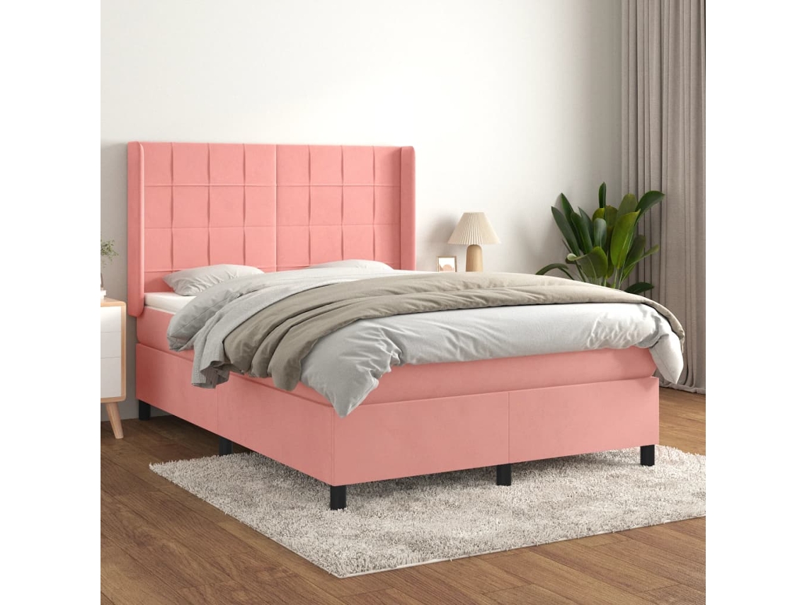 Cama Box Spring Con Colchón Terciopelo Rosa 140x190 Cm