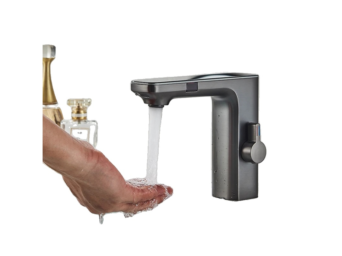 Grifo de lavabo con sensor inteligente, pantalla digital, funcionamiento sin contacto, estilo contemporáneo, gris pistola