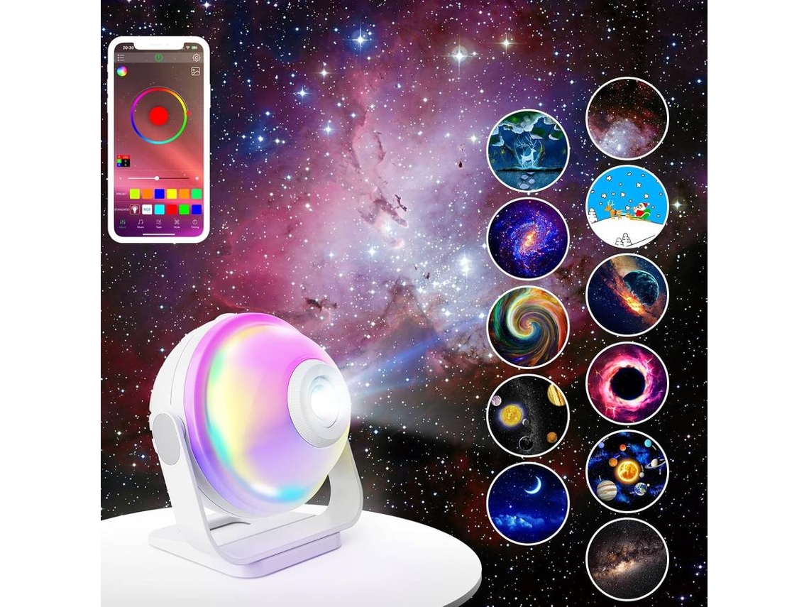 Proyector de galaxia inteligente, lámpara de noche para dormitorio, 256 modos, luz nocturna para niños, mirador de estrellas y luna (blanco)