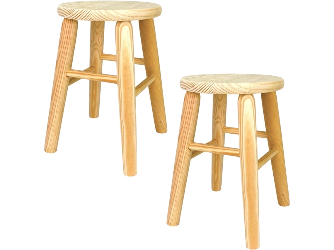 2X Taburete de Madera Infantil, banqueta de Madera Natural sin Tratar 34x22cm con reposapiés (2X Redondo - 30x22cm) COSHANO