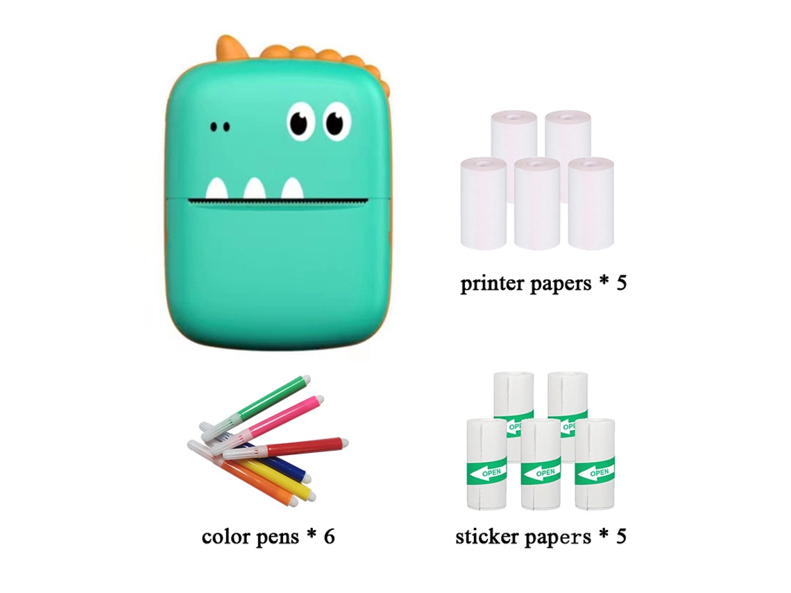 Mini Impresora Portátil Little Dinosaur Verde 5 Rollos De Papel De Impresión 5 Rollos De Pegatinas Bolígrafos De Colores SIURN
