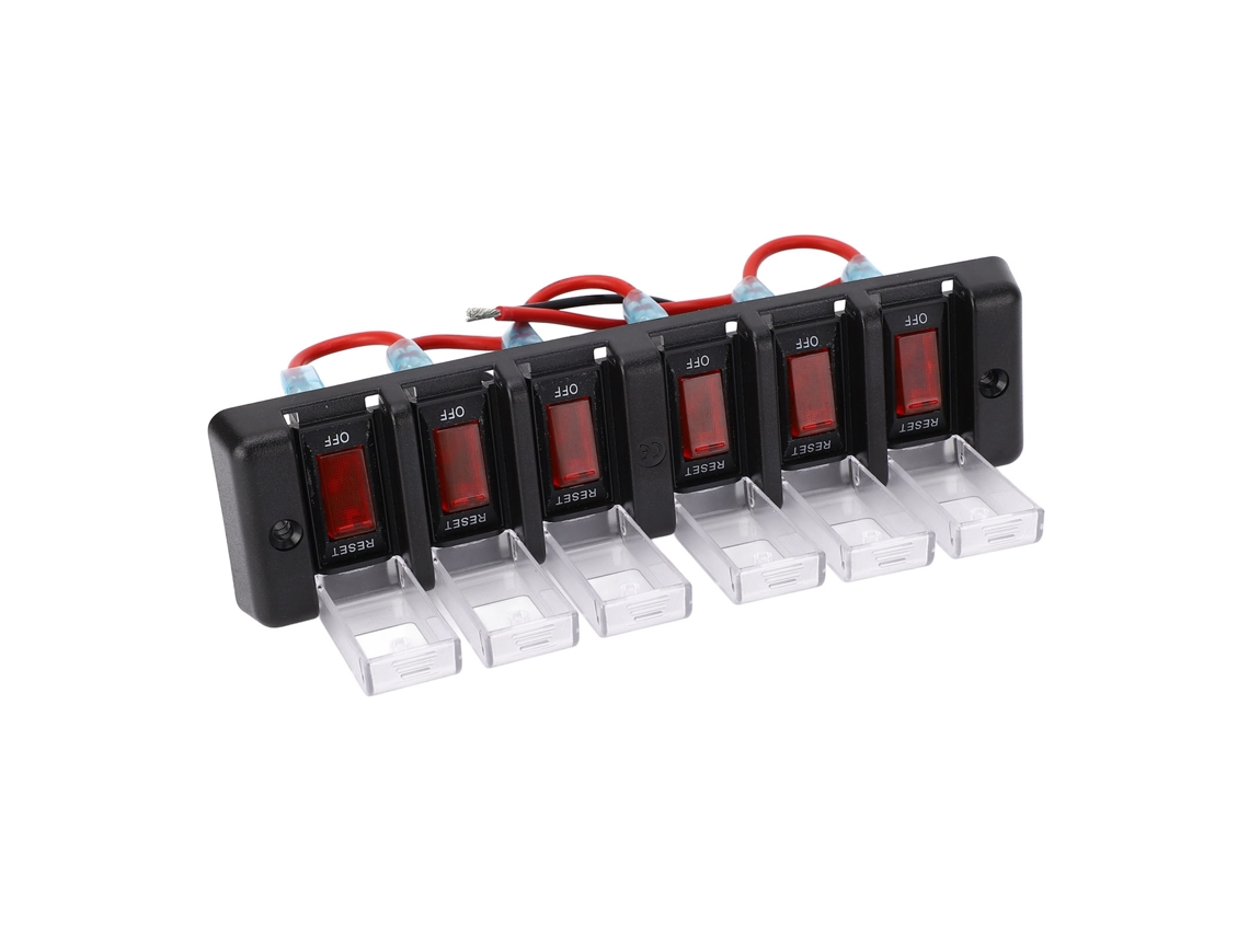 Panel de interruptores de 6 vías con precableado y protección contra sobrecargas.