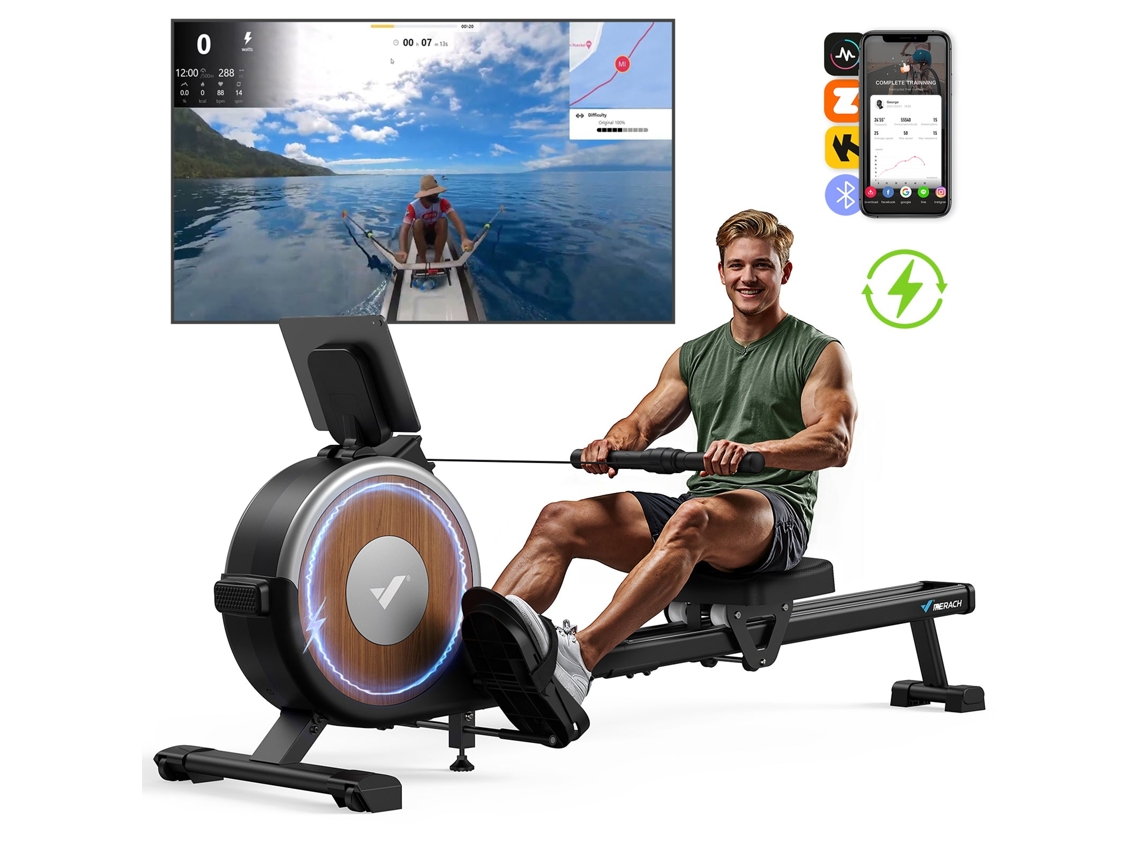 Remo Electromagnético MERACH, 16 Niveles, Autoalimentado, BLUETOOTH, APP Conectado, LCD, Asiento Regulable, Plegable, Hogar, Entrenamiento Completo