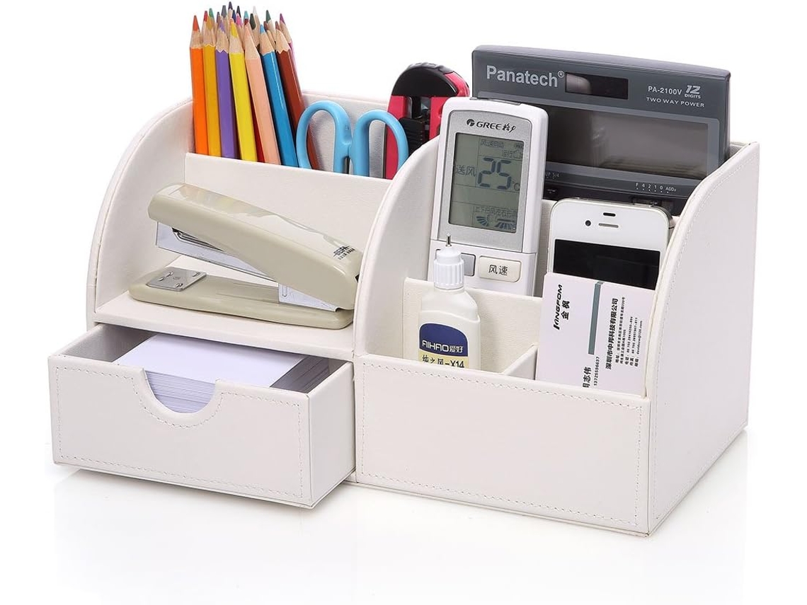 Organizador de escritorio multifuncional, diseño compacto con piel sintética, para soluciones de almacenamiento eficientes en el hogar y la oficina.