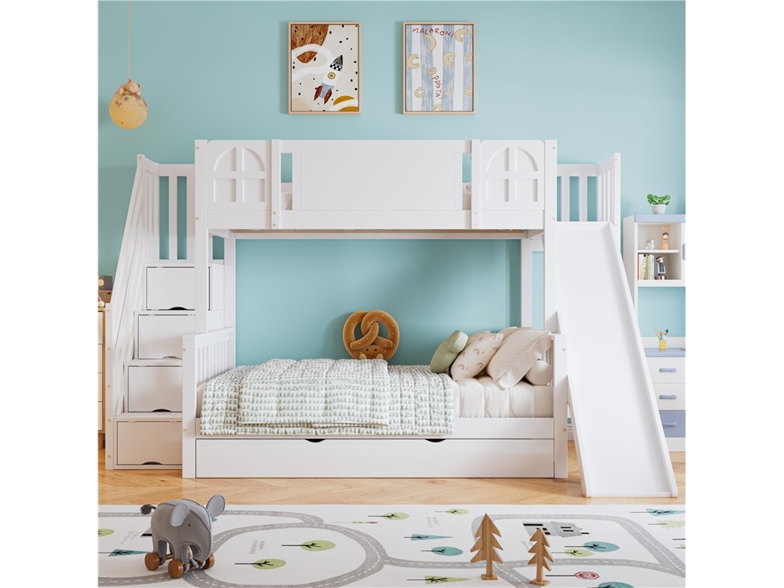 Litera Infantil De 90x200 Cm Con Ventana, Tobogán, Cajones Y Escalera, De Mdf Blanco.
