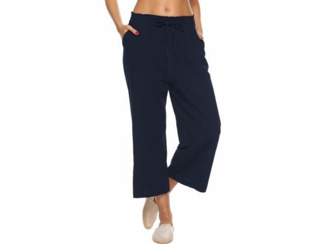 2026-pantalones De Lino Para Mujer De Cintura Alta Y Pierna Ancha Con Cordón Y Bolsillos Casuales Sueltos L Azul Marino