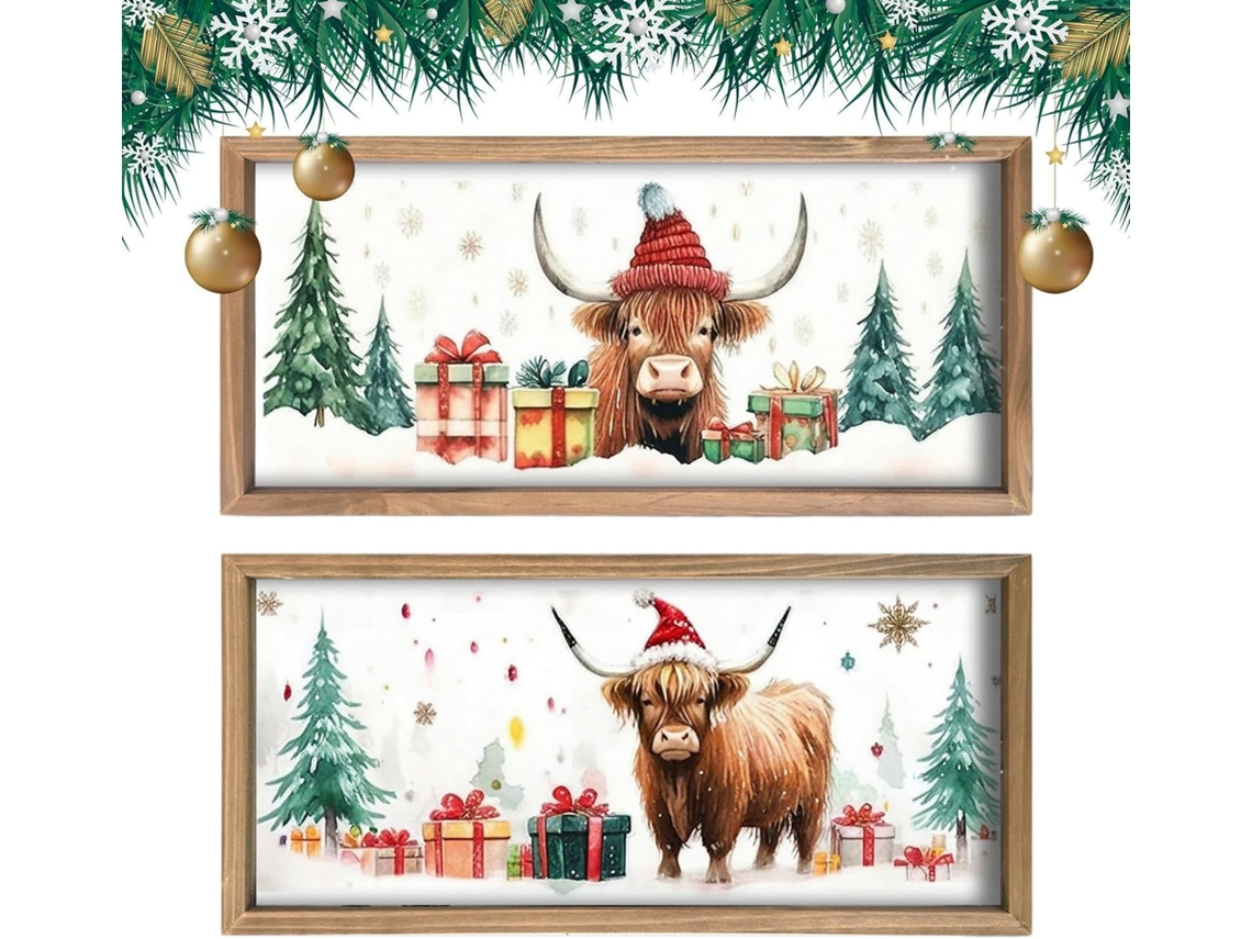 Decoraci N De Pared Con Vaca Las Tierras Altas 2 Piezas R Stica Madera Estampado Fotos Vacas Para Navide A Sala Estar Ba