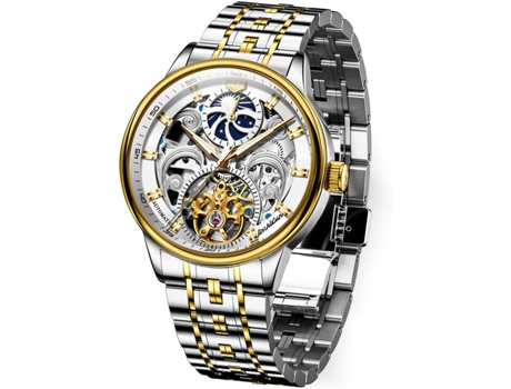 VEANXIN Reloj hueco para hombre de cuero fase lunar cuerda mecánica automática reloj luminoso impermeable(oro plateado)