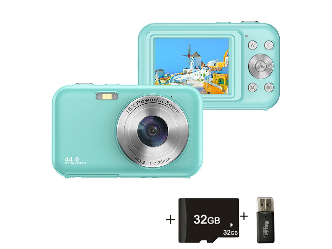 Cámara digital para niños con tarjeta de 32 GB, FHD 1080p, 44 MP, zoom 16x, cámara digital compacta verde Siurn