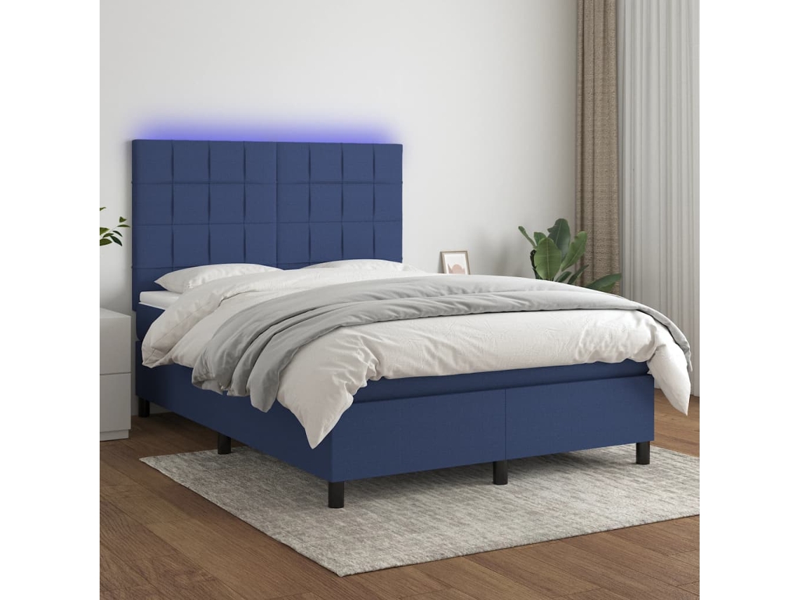 Cama Box Spring Colchón Y Luces Led Tela Azul 140x190 Cm