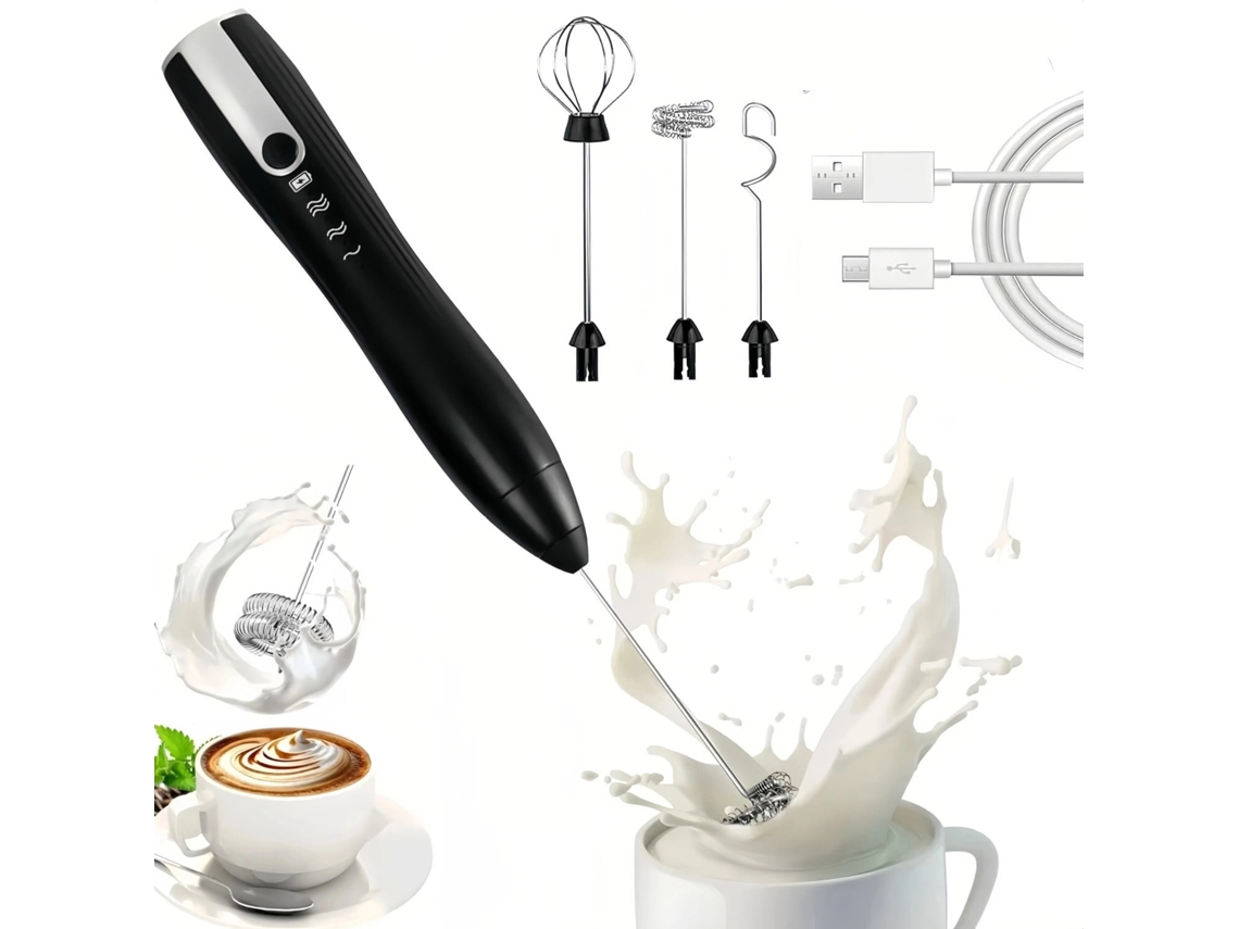 Espumador de leche, batidora eléctrica con 3 varillas, ideal para café, capuchino, chocolate caliente y huevos (negros) Cuich