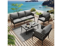 Conjunto Jardín 4 Piezas, Sofá 3 Plazas + 2 Sillones + Mesa De Cristal Negro, Reposabrazos De Cuerda Trenzada, Acero Galvanizado, Gris