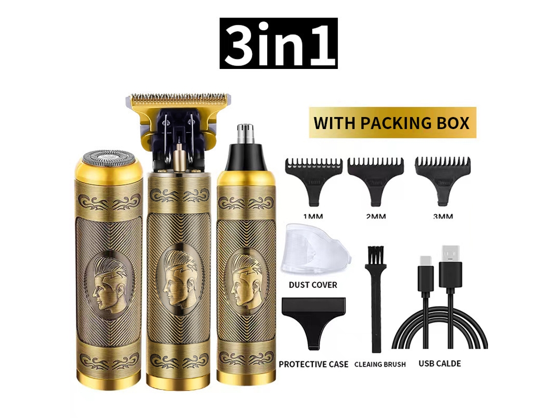 Recortadora De Barba 3 En 1 (diseño Masculino En Relieve) - Set Profesional, Recargable Por Usb, Incluye 3 Peines Guía.