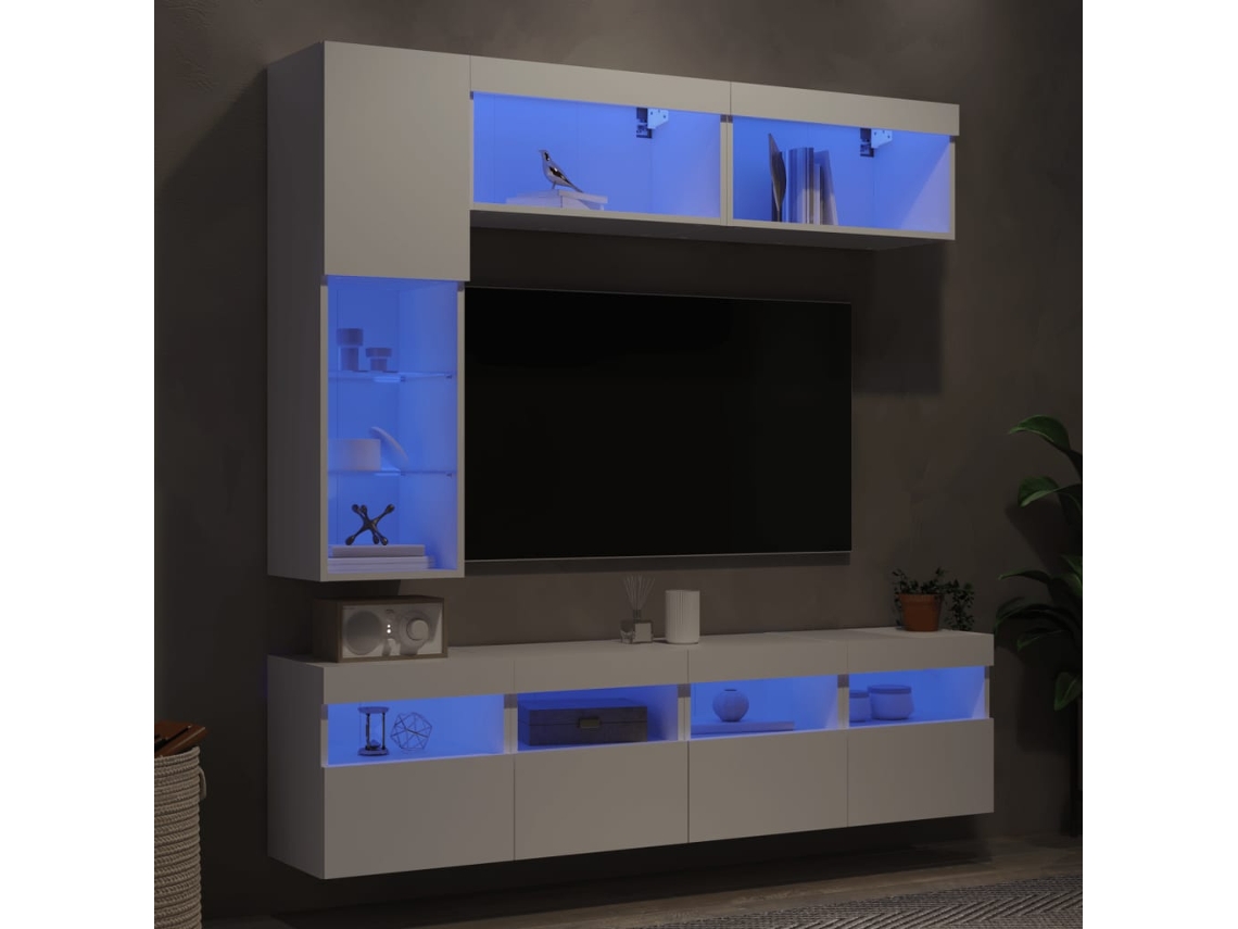 Conjunto de 7 piezas de muebles para TV de montaje en pared | Mueble para TV | Mueble para TV con luces LED blancas