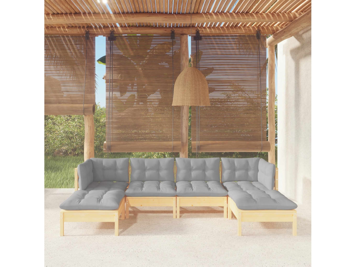 Conjunto Lounge Jardim 6 Peças C/ Almofadões Cinza Pinho Dkd Home Decor