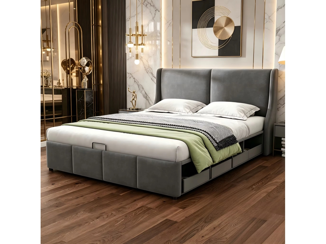 Cama Dupla Revestida Em Veludo 140x190cm Com Espaço De Armazenamento Hidráulico, Cama Acolchoada Com Gaveta E Cabeceira Macia