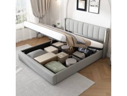 Cama Doble Gris De 160x200 Cm, Led, Usb, Cabecero Ajustable, Almacenamiento.