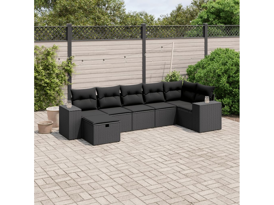 Conjunto de sofá de jardín de 7 piezas con cojines de mimbre negro de DKD Home Decor