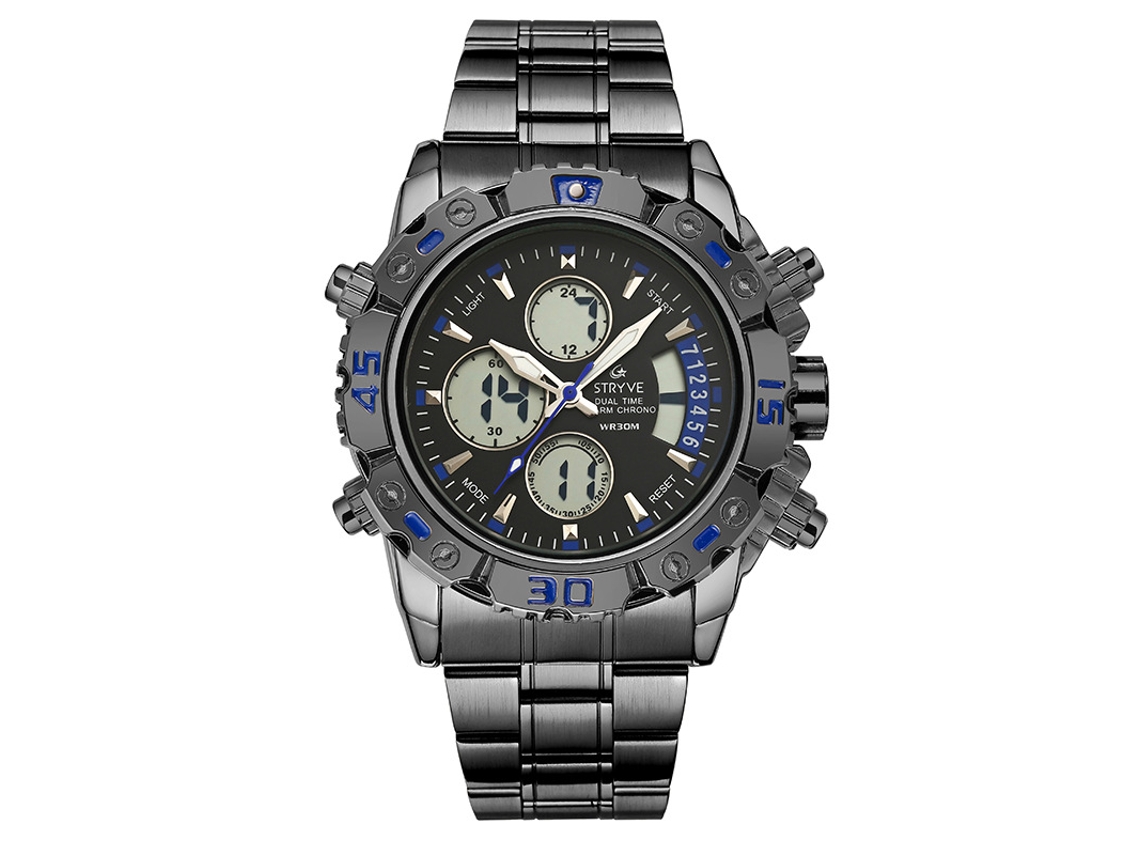 Reloj electrónico multifunción MDUG de acero inoxidable con doble movimiento, resistente al agua y luminoso (negro y azul).