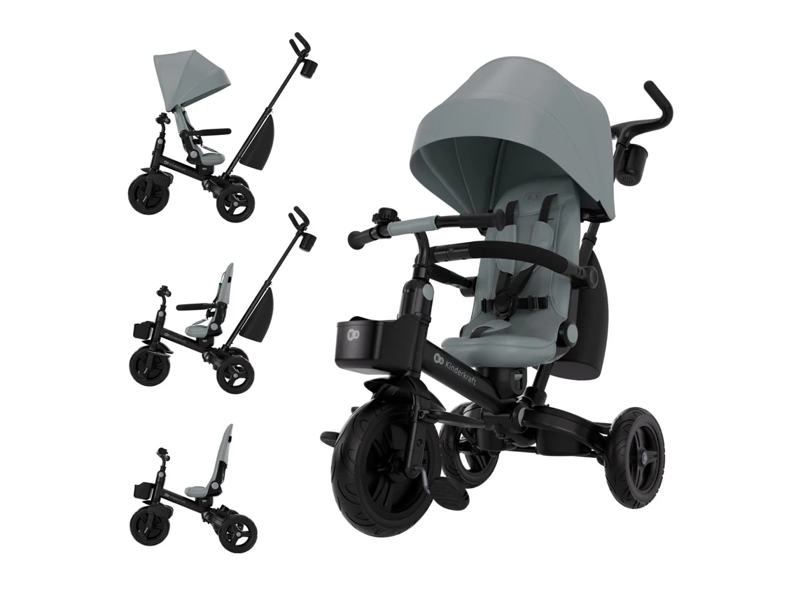 Triciclo de paseo Kinderkraft AVEO 2 PLUS con asiento 360°, capota impermeable UPF50+, Air Flow y reclinable gris