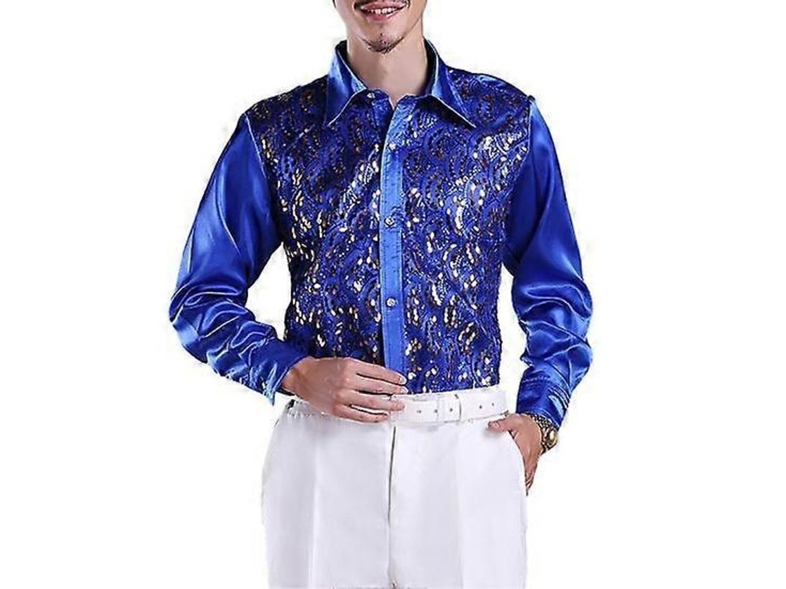 Camisa Formal Hombre Con Lentejuelas Manga Larga Slim Fit Para Bodas Y Escenarios De Lujo Azul Real L
