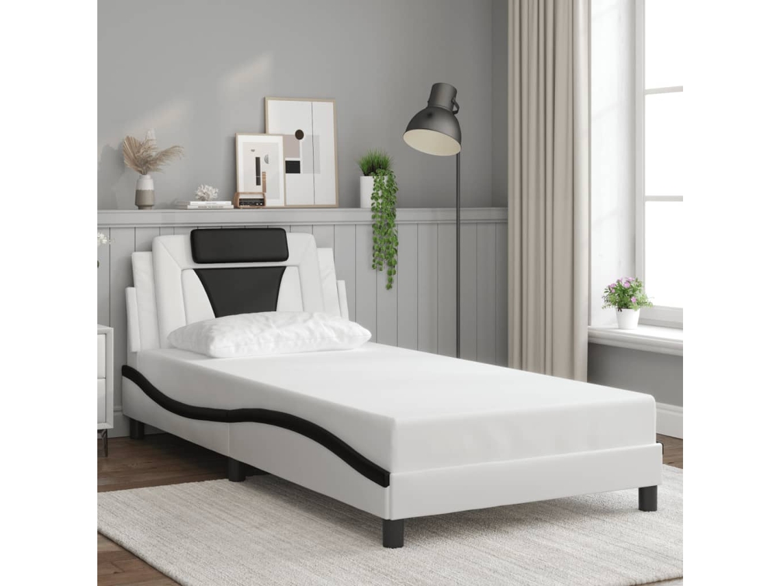 Estructura De Cama Con Cabecero Cuero Sintético Blanco Y Negro