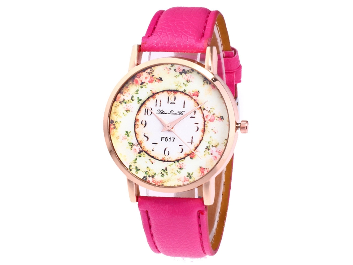 Reloj De Cuarzo Con Correa De Cuero Pu Moda Para Mujer Dial Redondo Rojo Rosa