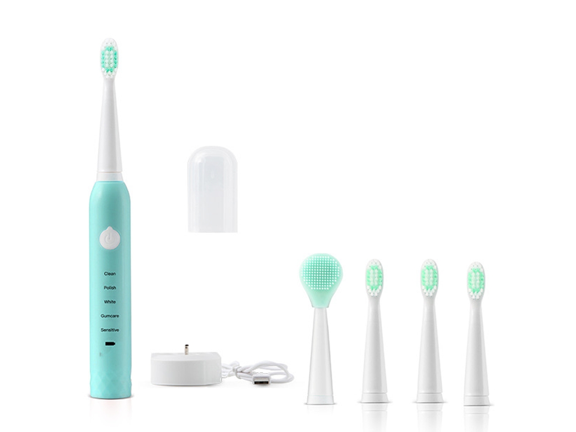 Cepillo de dientes eléctrico ZMDECQNA para adultos sónico recargable de cerdas suaves USB lavado de cara dos en uno (verde)
