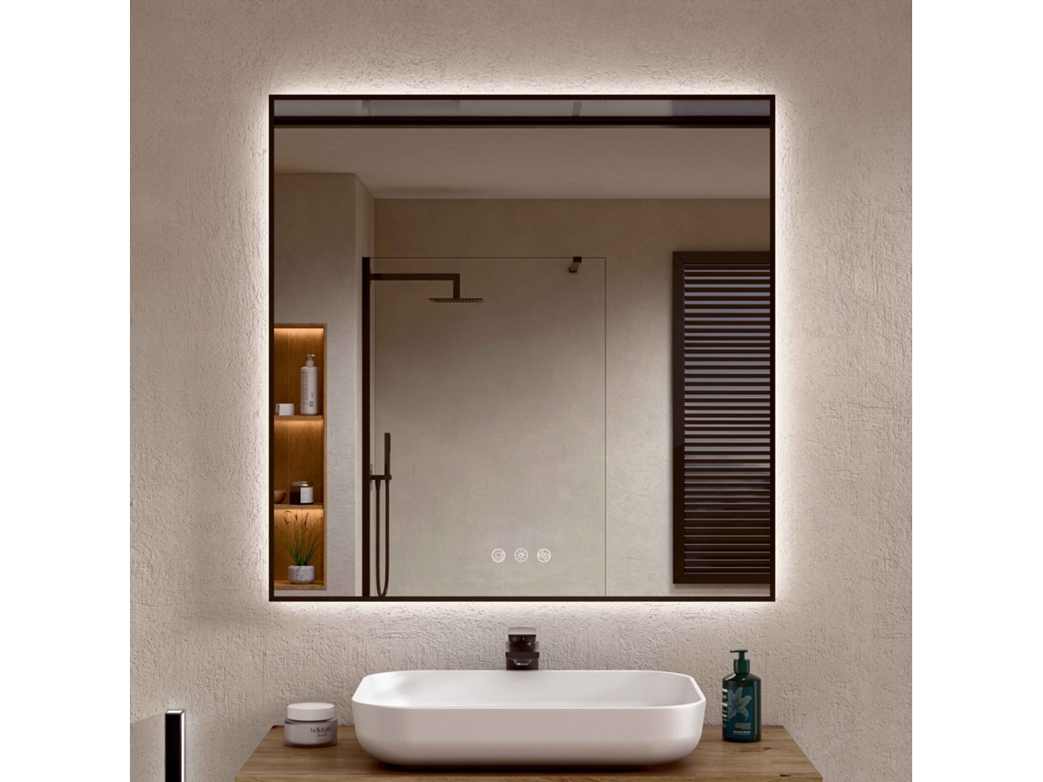 Espejo de Baño con Luz LED Perimetral, Luz Regulable en 3 Colores e Intensidades, Antivaho, Aluminio Negro 70 x 60 cm Bellobath