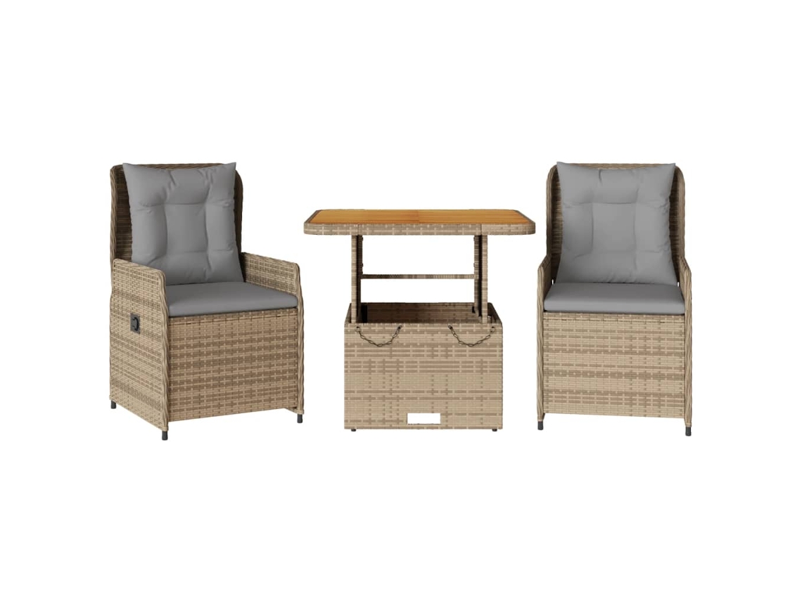 Conjunto de bistró de 3 piezas con cojines de mimbre, beige, EXCLUSIVO DE LA CASA