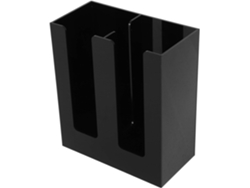 Organizador de escritorio negro brillante con portavasos y doble compartimento para vasos de papel. Práctico y fácil de usar.