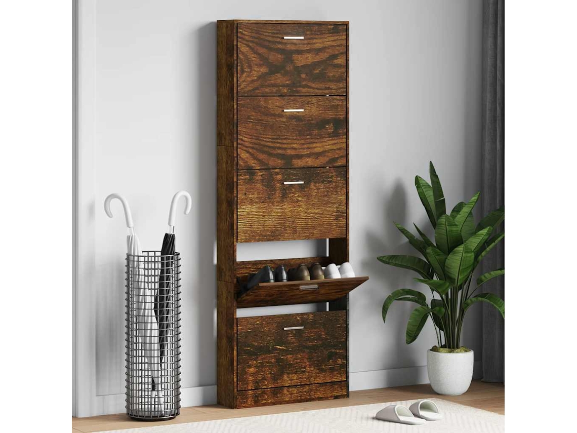 Mueble Zapatero | Armario Zapatero Madera Contrachapada Roble Ahumado 59x17x169 Cm