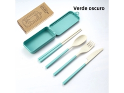Juego De Cubiertos Portátil De Cuatro Piezas (verde Oscuro), Fabricado En Plástico Pp Ecológico, Desmontable.