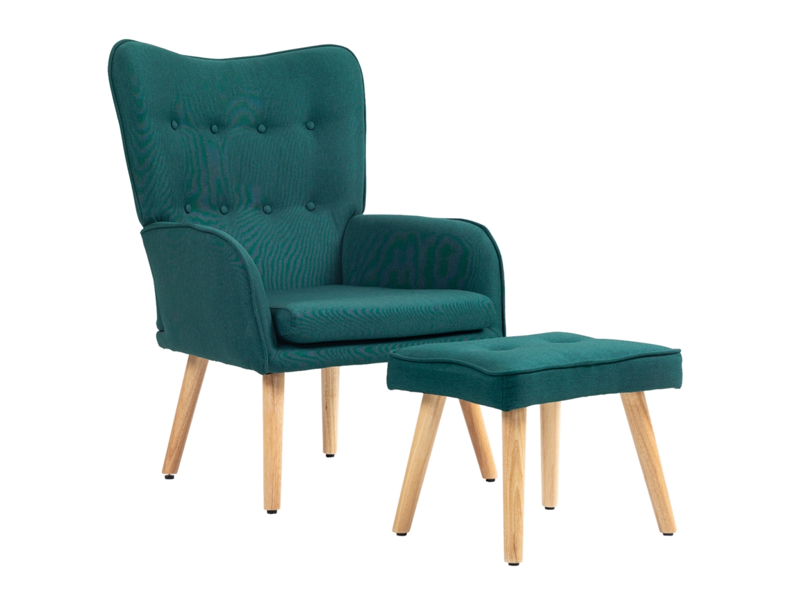 Sillón de lectura con reposapiés, respaldo alto, capitoné, lino verde oscuro.
