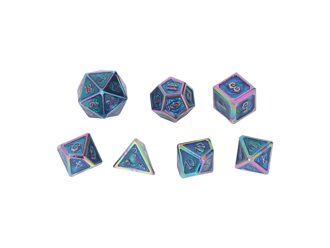Juego De 7 Dados Poliédricos De Metal Galvanizado Con Esmalte Azul Para Juegos De Mesa.